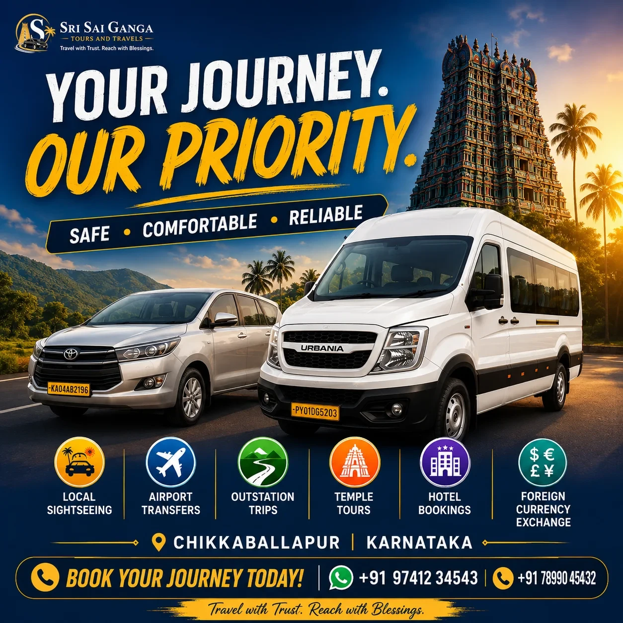 Sri Sai Ganga Tours & Travels vehicles in front of a temple gopuram